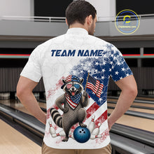 Load image into Gallery viewer, Men’s us flag raccoon bowling quarter zip shirt, back view on male model in bowling lane 