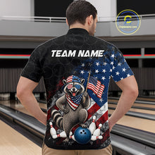 Load image into Gallery viewer, Men’s us flag raccoon bowling quarter zip shirt, back view on male model in bowling lane 