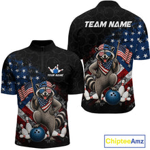 Load image into Gallery viewer, Custom us flag raccoon bowling jersey for men, personalized team bowling quarter zip shirt front view and back view
