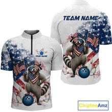 Load image into Gallery viewer, Custom us flag raccoon bowling jersey for men, personalized team bowling quarter zip shirt front view and back view