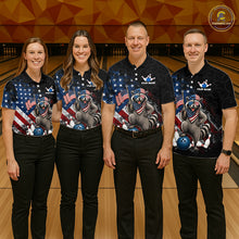 Load image into Gallery viewer, Group of bowlers in us flag raccoon team shirts, personalized bowling uniforms front view.