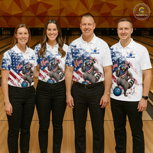 Load image into Gallery viewer, Group of bowlers in us flag raccoon team shirts, personalized bowling uniforms front view.