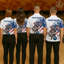 Load image into Gallery viewer, Group of bowlers in us flag raccoon team shirts, personalized bowling uniforms back view.