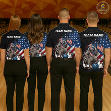 Load image into Gallery viewer, Group of bowlers in us flag raccoon team shirts, personalized bowling uniforms back view.