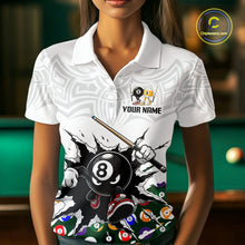 Load image into Gallery viewer, White polo shirt with billiards design and text 'Your Name' in a pool hall setting