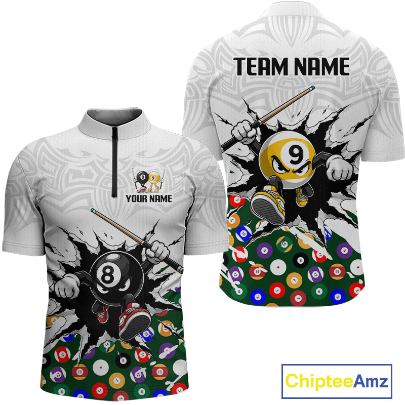Customizable sports jersey with billiards design on a white background