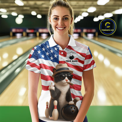 Custom US Flag Funny Cat Bowling Jersey for Women Bowling Uniform Bowling Team Shirts HNT127