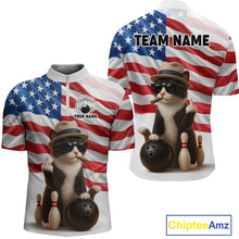 Load image into Gallery viewer, Custom US Flag Funny Cat Bowling Jersey for Men Bowling Uniform Bowling Team Shirts HNT127