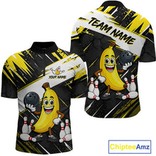 Load image into Gallery viewer, Men quarter zip bowling shirt with cartoon banana character and customizable text on a black and yellow background