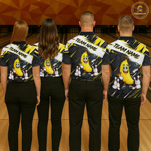 Load image into Gallery viewer, Four people wearing bowling shirts with a banana character design on a bowling alley.
