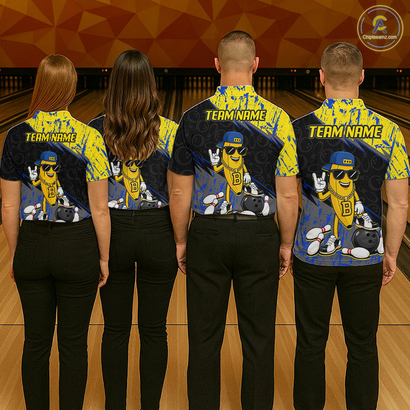 Four people wearing matching bowling shirts with a team logo on a bowling alley.
