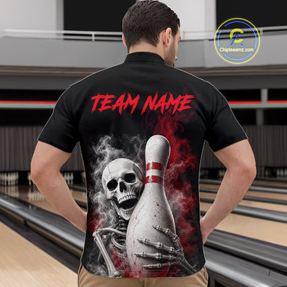 A man viewed from behind wearing a black short-sleeve bowling shirt with a large back graphic showing a skull, skeleton hand, bowling pin, red smoke, and the text 'TEAM NAME' in red. The background is a bowling alley, and a 'Chipteeamz'.