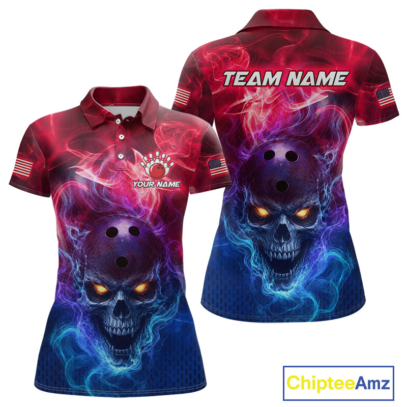 Front and back views of a short-sleeve polo shirt featuring a dramatic skull graphic with glowing yellow eyes surrounded by purple, blue, and red smoke effects. The shirt includes customizable text placeholders 'TEAM NAME' and 'YOUR NAME' along with American flag graphics on the sleeves.