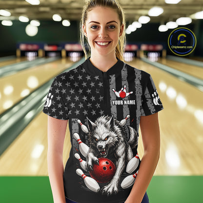 US Flag Wolf Bowling Shirts for Women Custom Wolf Bowling Team Jersey Bowling League HNT285