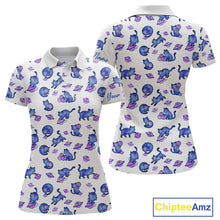 Load image into Gallery viewer, White polo shirt with blue cat pattern on a white background, featuring the brand 'Chiptee Amz'.
