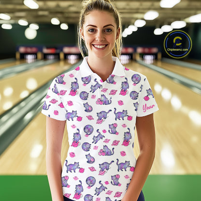 Woman wearing a cat patterned shirt in a bowling alley