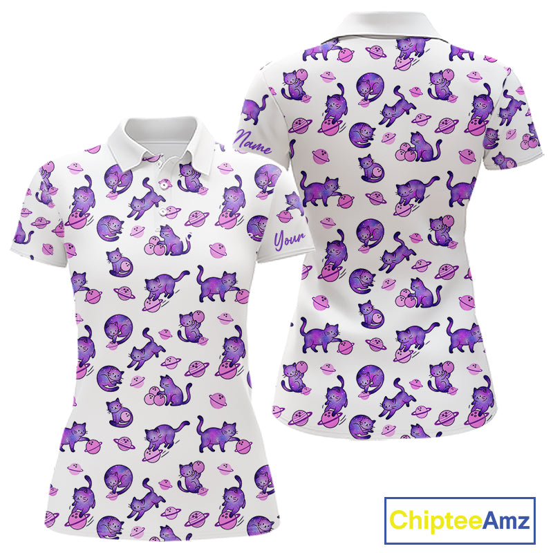 Women polo shirt with purple cat pattern on a white background, featuring the brand 'Chiptee Amz'.