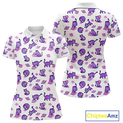 Women polo shirt with purple cat pattern on a white background, featuring the brand 'Chiptee Amz'.