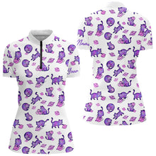 Load image into Gallery viewer, Women polo shirt with purple cat pattern on a white background