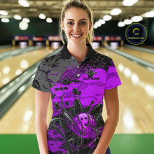 Load image into Gallery viewer, Woman wearing a custom bowling shirt with a design and text in a bowling alley.