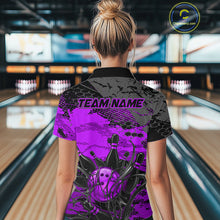 Load image into Gallery viewer, Person wearing a purple and black bowling shirt with 'TEAM NAME' on a bowling alley.