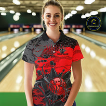Load image into Gallery viewer, Woman wearing a red and black bowling shirt with a personalized name on a bowling alley background