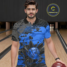 Load image into Gallery viewer, Man wearing a blue and black bowling shirt with a personalized design in a bowling alley.
