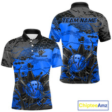 Load image into Gallery viewer, Bowling-themed polo shirt with 'Team Name' and 'Your Name' text, featuring blue and black design.