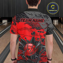 Load image into Gallery viewer, Man wearing a red and black bowling-themed shirt in a bowling alley.