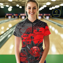 Load image into Gallery viewer, Woman wearing a red and black bowling shirt with a personalized name on a bowling alley background