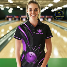 Load image into Gallery viewer, Woman wearing a personalized bowling shirt with a purple bowling ball design in a bowling alley.