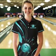 Load image into Gallery viewer, Woman wearing a personalized bowling shirt in a bowling alley