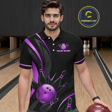 Load image into Gallery viewer, Man wearing a black and purple bowling-themed shirt in a bowling alley.