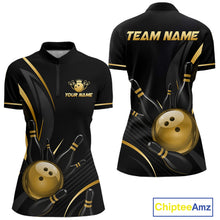 Load image into Gallery viewer, Black and gold bowling jersey with customizable text on a white background