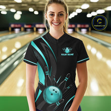 Load image into Gallery viewer, Person wearing a black and teal bowling shirt with a personalized design in a bowling alley.