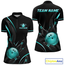 Load image into Gallery viewer, Black and teal bowling team shirt with customizable text on a white background