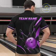Load image into Gallery viewer, Person wearing a black and purple bowling shirt with 'TEAM NAME' on the back, standing in a bowling alley.