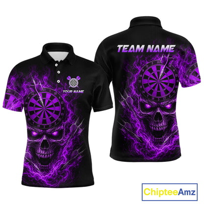 Black short-sleeve polo shirt shown from the front and back, featuring a large purple skull and dartboard graphic with electric purple lightning effects. The back has 'TEAM NAME' printed across the shoulders, and the front has a small chest logo area reading 'YOUR NAME'.