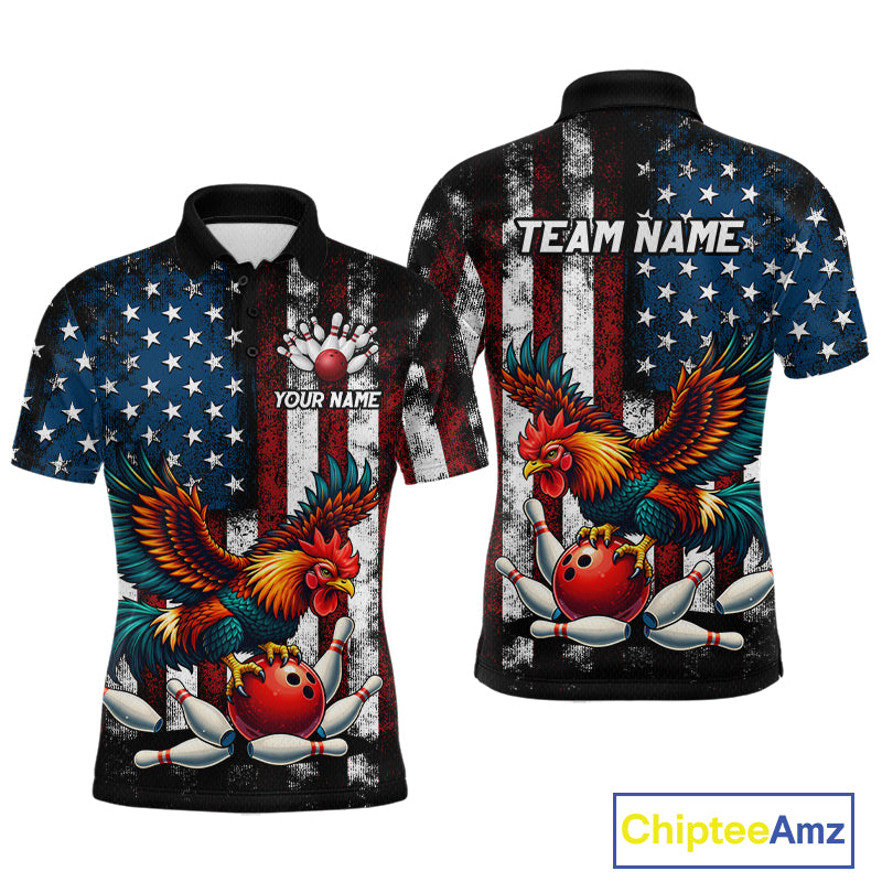 Custom Rooster US Flag Bowling Jersey for Men Bowling Team Shirts Bowling Polo & 1/4 Zip HNT259