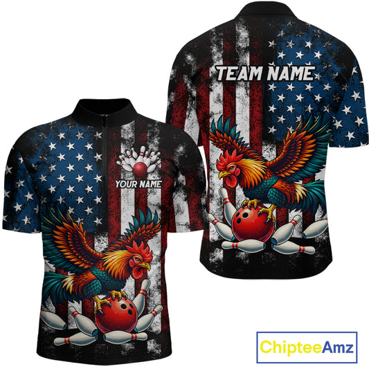 Custom Rooster US Flag Bowling Jersey for Men Bowling Team Shirts Bowling Polo & 1/4 Zip HNT259