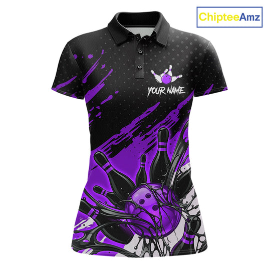 Custom Purple Bowling Jerseys For Women, Personalized Bowling Team Shirts Bowling Pin And Ball HNT283