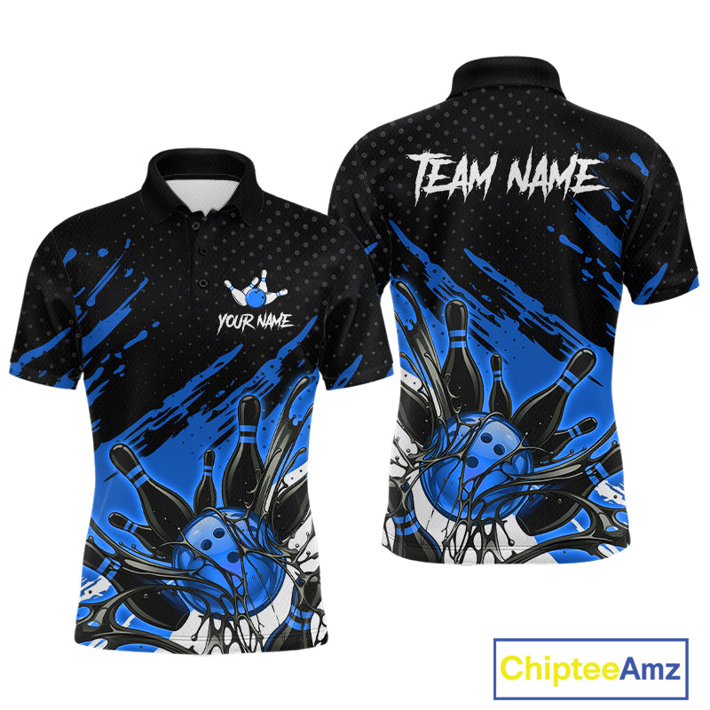 Custom Blue Bowling Jerseys For Men, Personalized Bowling Team Shirts Bowling Pin And Ball HNT283