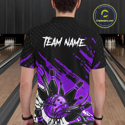 Custom Purple Bowling Jerseys For Men, Personalized Bowling Team Shirts Bowling Pin And Ball HNT283