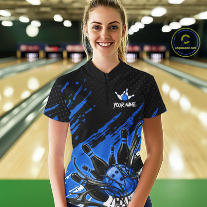 Custom Blue Bowling Jerseys For Women, Personalized Bowling Team Shirts Bowling Pin And Ball HNT283