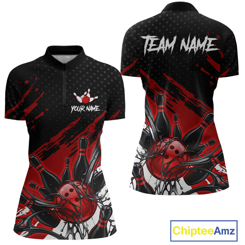 Custom Red Bowling Jerseys For Women, Personalized Bowling Team Shirts Bowling Pin And Ball HNT283