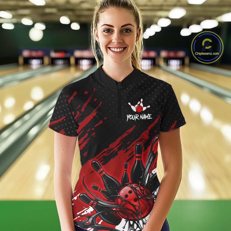 Custom Red Bowling Jerseys For Women, Personalized Bowling Team Shirts Bowling Pin And Ball HNT283