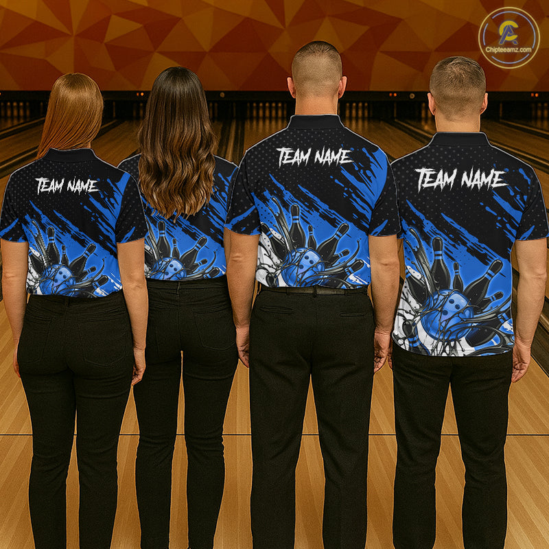 Custom Blue Bowling Jerseys For Men, Personalized Bowling Team Shirts Bowling Pin And Ball HNT283