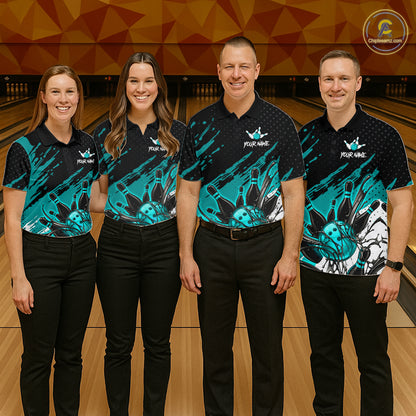 Custom Turquoise Bowling Jerseys For Men, Personalized Bowling Team Shirts Bowling Pin And Ball HNT283