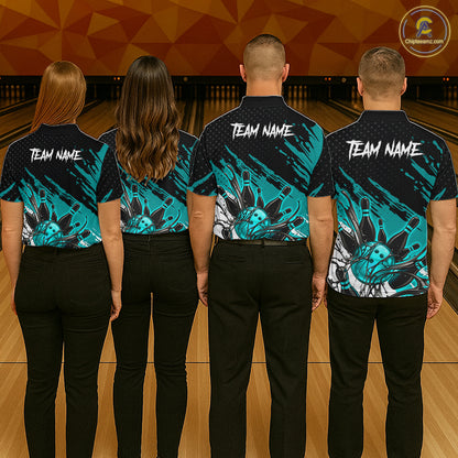 Custom Turquoise Bowling Jerseys For Men, Personalized Bowling Team Shirts Bowling Pin And Ball HNT283