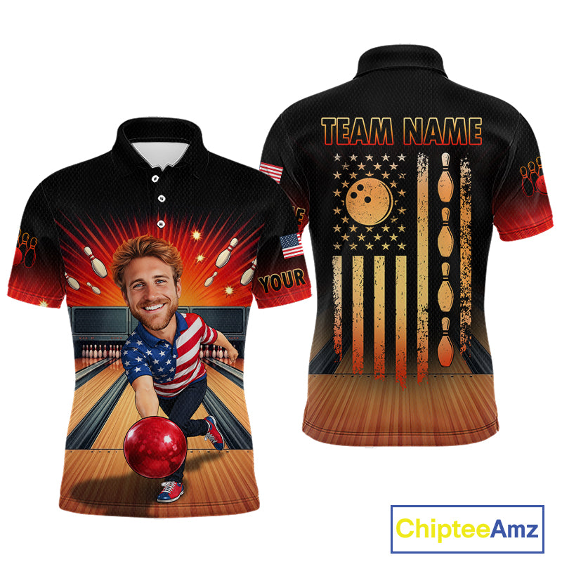 Custom Photo Funny American Flag Bowling Jersey for Men Bowling Team Shirts Polo & 1/4 Zip HNT342